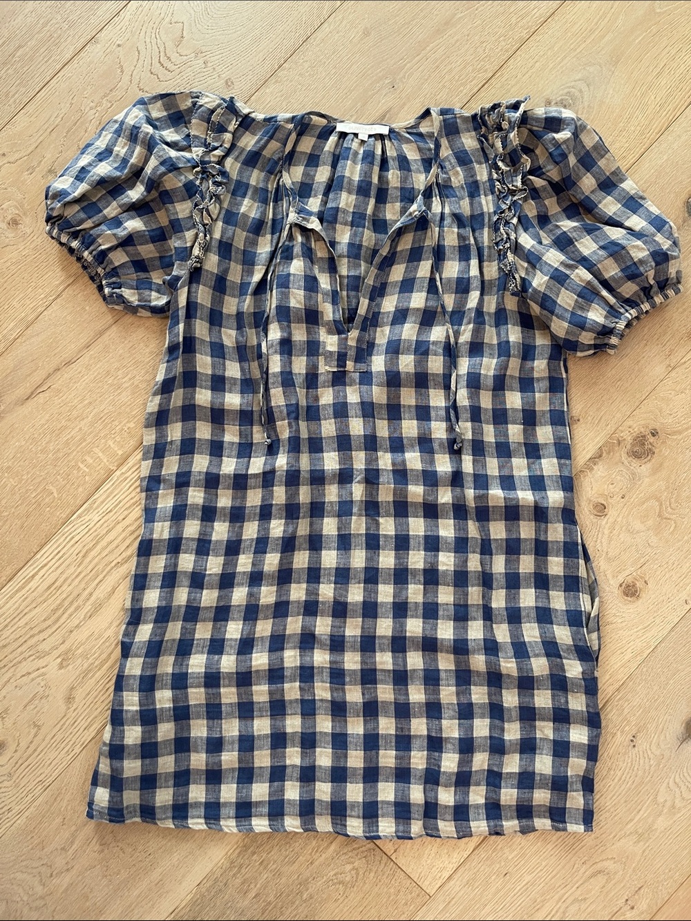 OLIVACEOUS Blue and Tan Gingham Puff Sleeve Dress Size Small 100% Linen